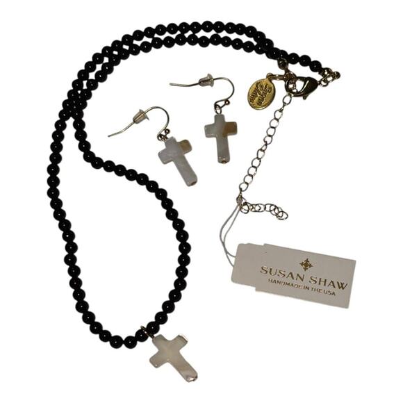 Susan Shaw‎ Alys Black Onyx and Mother of Pearl Cross Necklace and Earrings New! - Picture 1 of 8